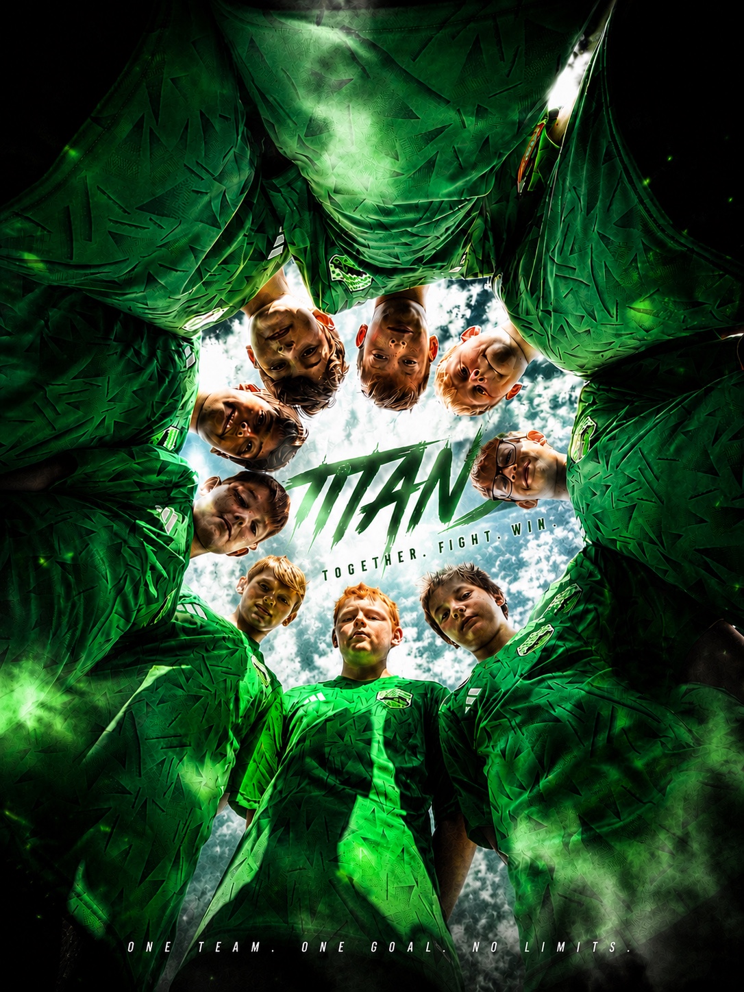ISC Titans players huddled together in green jerseys, with Together. Fight. Win. lettering
